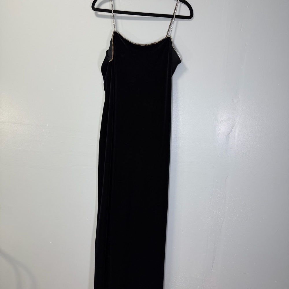 Vintage Y2K Velvet‎ Black Maxi Dress – Beaded Strap Detail, Slit, Evening Wear